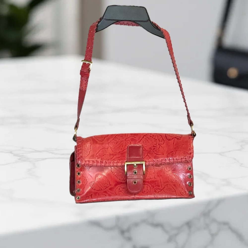 M.C. Red Brick Hues Leather Embossed Leaves Handbag Laced Stitching